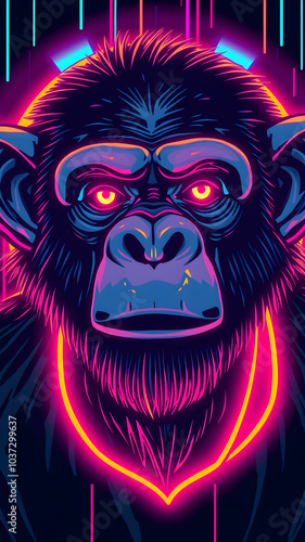 Chimpanzee neon avatar vector-style image of cyberpunk head. Generative AI