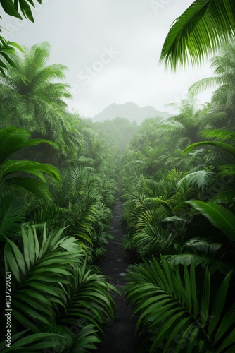 Lush green jungle pathway leading to distant mountains under a misty sky.