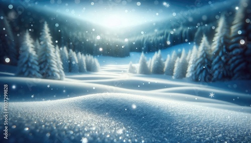 Serene Winter Landscape with Snowy Field and Frosty Forest: Gentle Snowfall, Soft Blue Sky, and Dreamy Bokeh Background Capturing the Calm Beauty of a Peaceful Winter Day