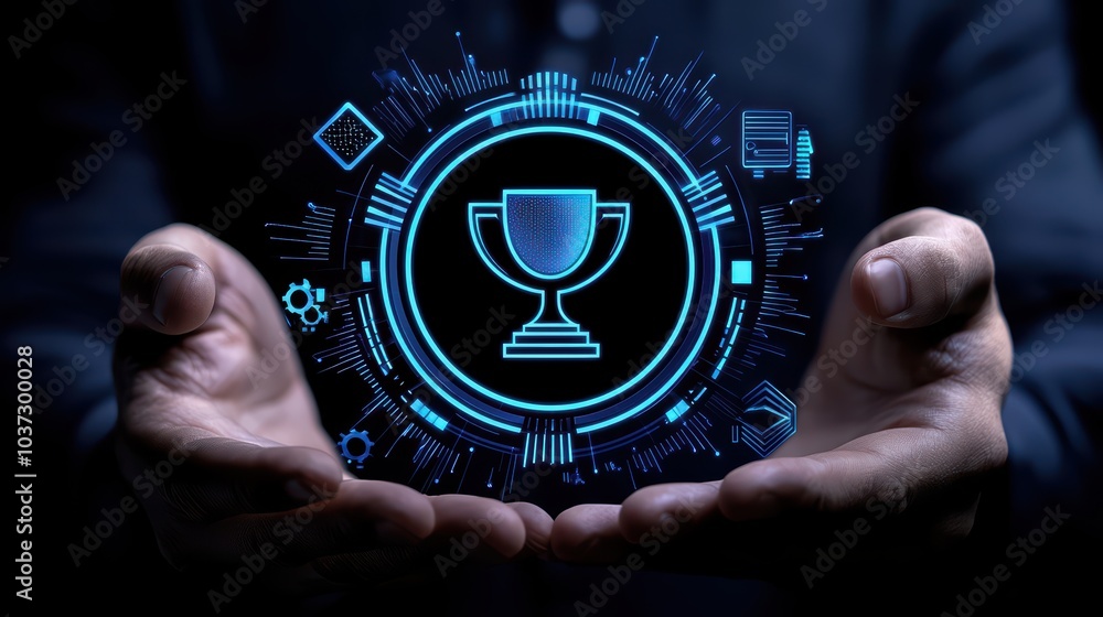 Hands presenting a glowing trophy icon with digital elements, symbolizing success and achievement. Hands presenting a glowing trophy icon with digital elements, symbolizing success and achievement.