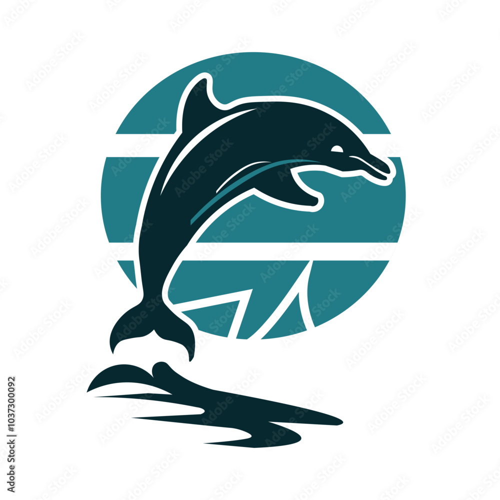 Obraz premium A silhouette of a dolphin jumping out of the water. The dolphin is black and the water is blue. The dolphin is in the center of the image.