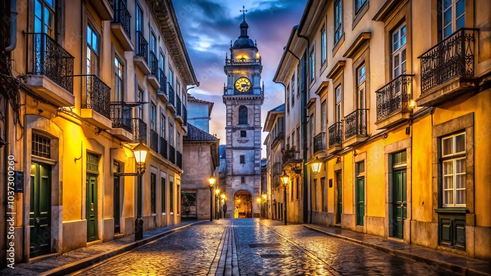 Fototapeta premium Medieval Clock Tower in Lisbon at Night - High Depth of Field Scenic View