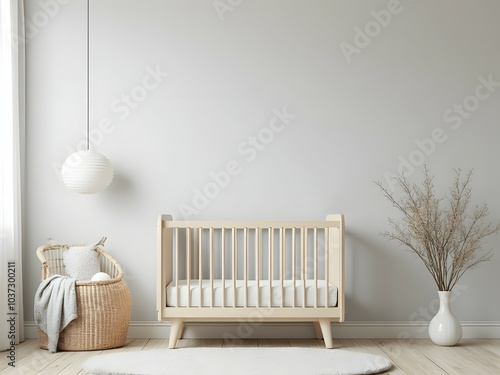 Baby bedroom decor with white crib. Minimalist kids room with cot