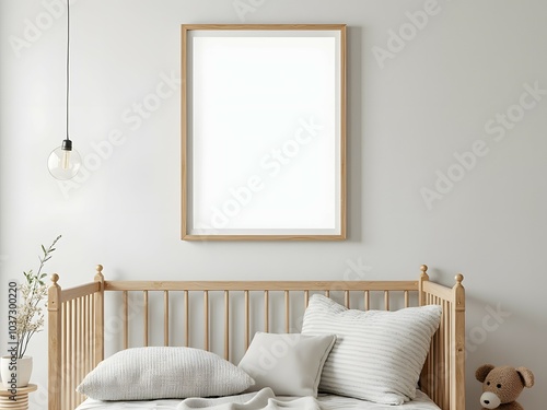 Minimalist baby nursery and white crib with blank poster frame mockup, white wall background, wall art poster mock up