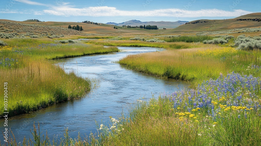 A meandering river landscape, with the water gently flowing through a picturesque valley, surrounded by tall grasses and wildflowers. A meandering river landscape, with the water gently flowing through a picturesque valley, surrounded by tall grasses and wildflowers.