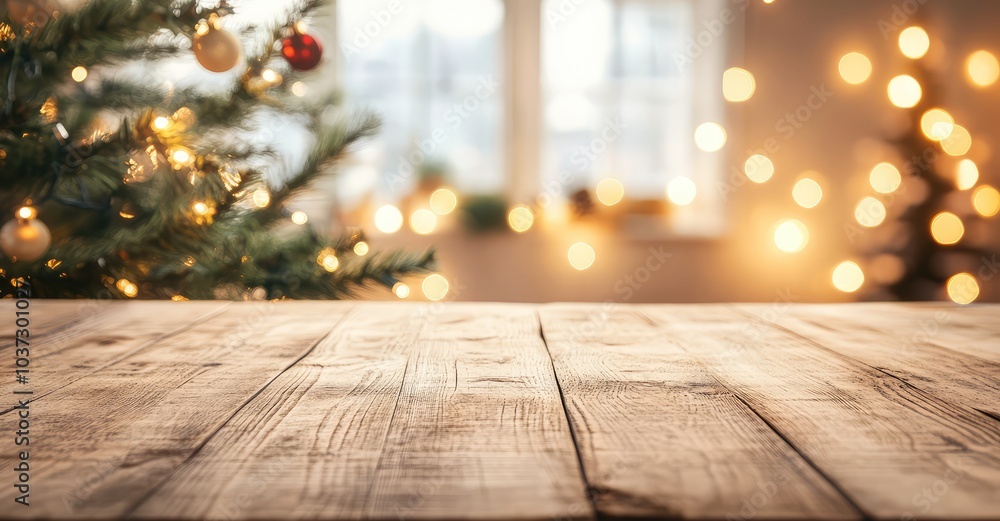 Empty Wooden Table Top with Christmas Tree Background. AI generated illustration. Empty Wooden Table Top with Christmas Tree Background. AI generated illustration.