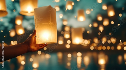 A person's hand gently releases a glowing paper lantern into the dusk sky, attended by numerous other lanterns, creating a serene and magical ambiance of light and hope. photo