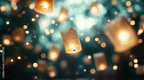 A breathtaking scene of numerous glowing paper lanterns floating up into the evening sky, signifying themes of hope, peace, and shared aspirations against a twilight backdrop. photo