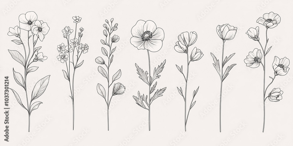 Fototapeta premium luxury line floral collection features various flowers and brunch, perfect for wedding invitation art and save the date card design templates set