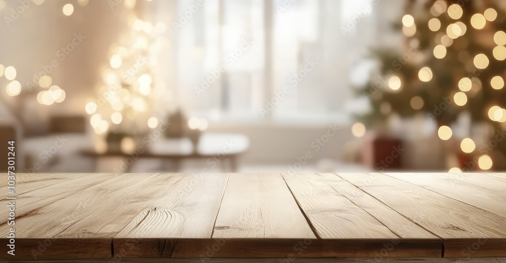 Empty Wooden Table Top with Christmas Tree Background. AI generated illustration. Empty Wooden Table Top with Christmas Tree Background. AI generated illustration.