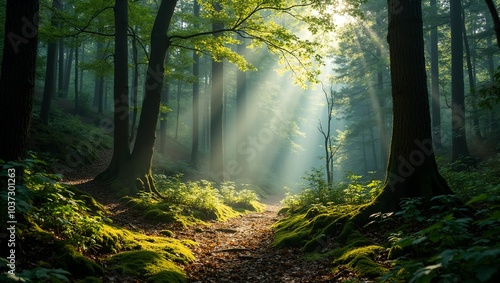 Enchanting forest scene with sunlight filtering through dense trees photo