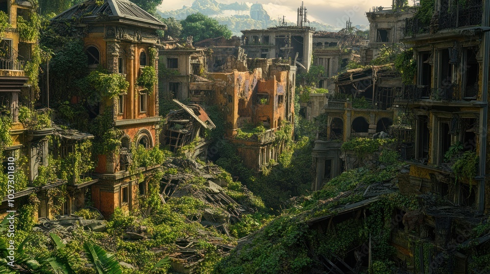 A post-apocalyptic landscape, with ruined buildings, overgrown vegetation, and remnants of a once-thriving city. A post-apocalyptic landscape, with ruined buildings, overgrown vegetation, and remnants of a once-thriving city.