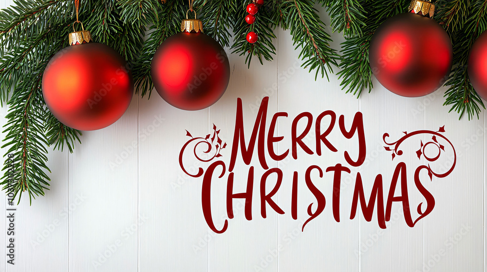 Obraz premium Merry Christmas decorations with red ornaments and pine branches create festive atmosphere. Perfect for holiday celebrations and seasonal joy