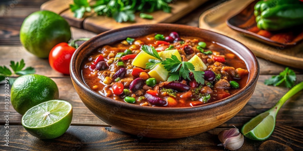 Mexican Vegetarian Chili with Lentils, Beans, Lime, and Jalapeno - Macro Photography Delight Mexican Vegetarian Chili with Lentils, Beans, Lime, and Jalapeno - Macro Photography Delight