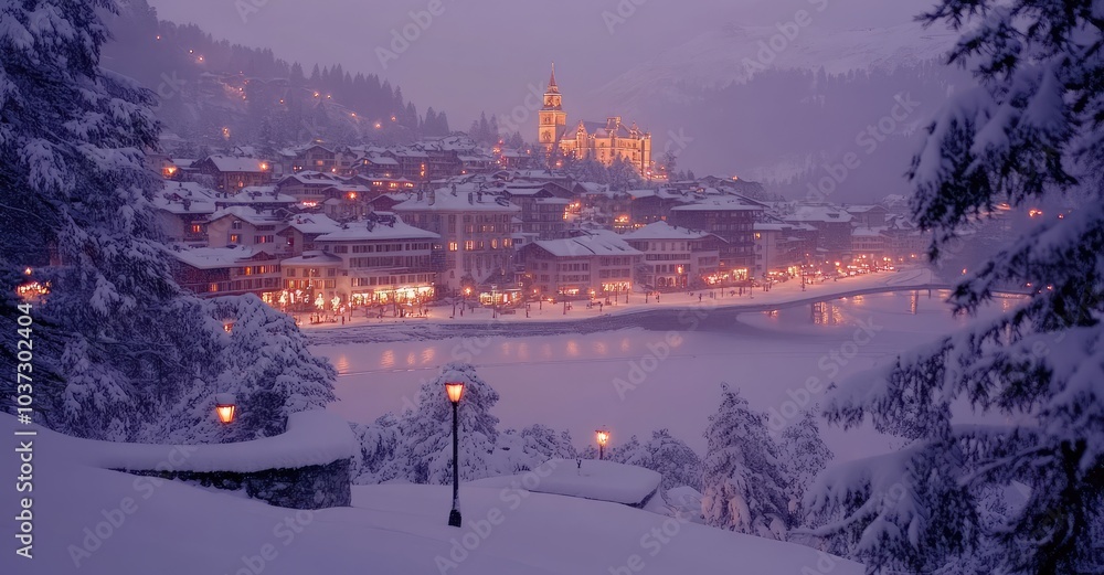 Fairy Tale View of Saint Moritz in Winter Dusk. AI generated illustration.