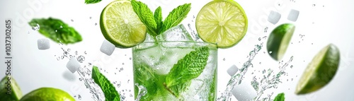 Refreshing mint lime cocktail with splashes and ice on a white isolated background.