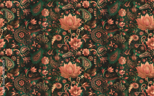 pattern with flowers, 2x2 pattern with lotus in tone of orange and green-tiled photo