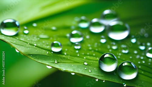 Seamless Background Images Water drops on fresh green leaves. The background is blurred to show only the shadow of the distant flower.