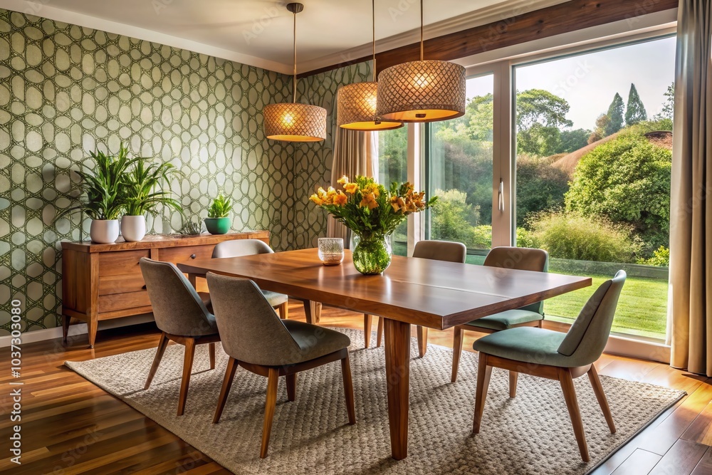 Fototapeta premium Midcentury Modern Dining Room with Wooden Table and Chairs - Candid Photography Style for Interior Design Inspiration