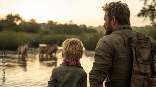 A father and son enjoy a serene moment together, observing wildlife at a riverbank during sunset, highlighting a strong family bond and connection with nature. photo