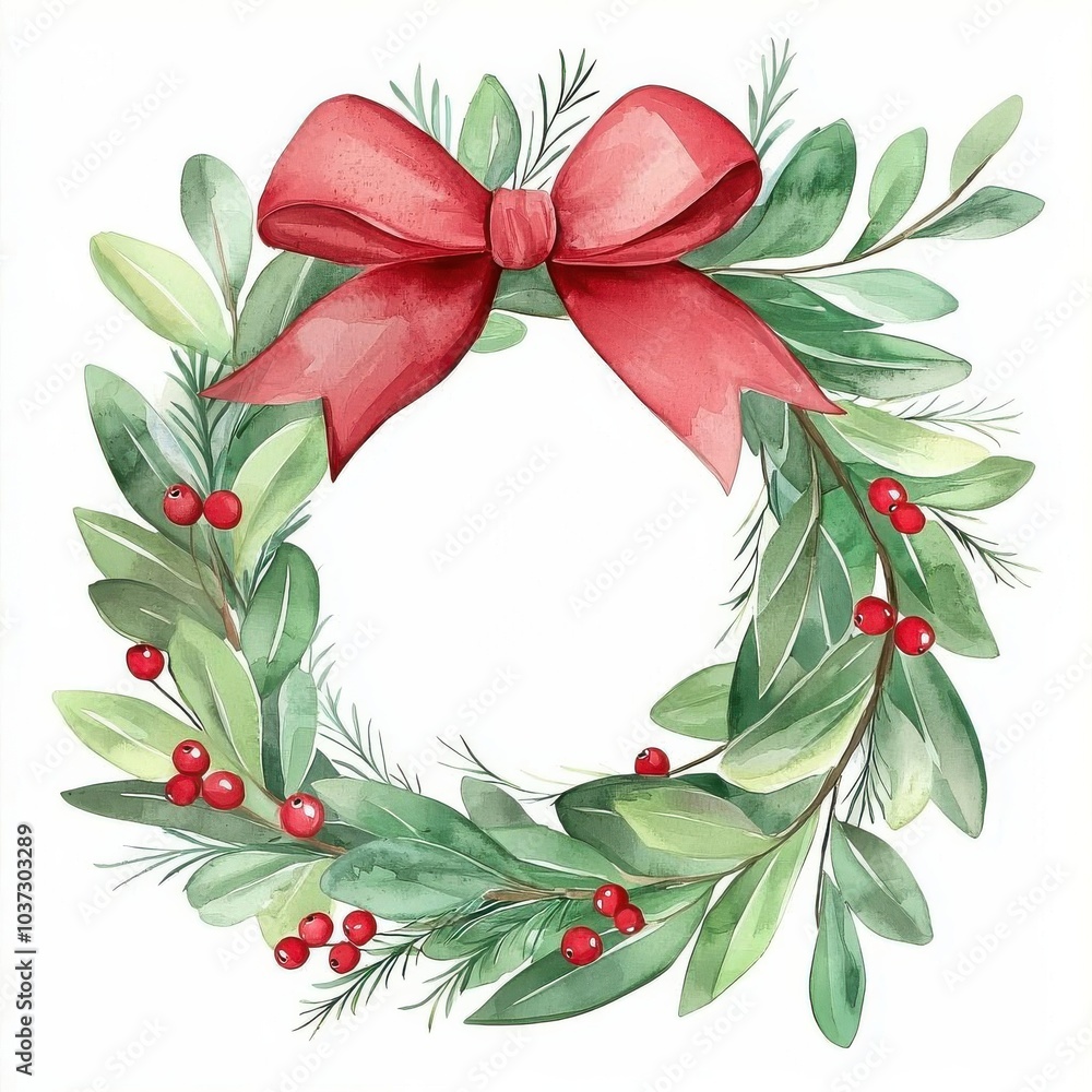 Fototapeta premium A detailed hand-painted clipart of a traditional Christmas wreath made of green pine leaves with red berries and a red ribbon, soft lighting and subtle shadows, digital art style,