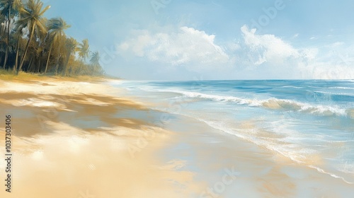 Wallpaper Mural A tranquil beach landscape, with soft golden sand and gentle waves lapping at the shore, framed by palm trees in the distance. Torontodigital.ca