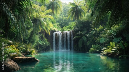 A tropical landscape with lush greenery, towering palm trees, and a waterfall cascading into a crystal-clear pool below.