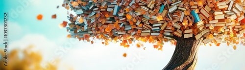 A whimsical tree with branches laden with colorful books and autumn leaves, symbolizing knowledge and the beauty of nature.