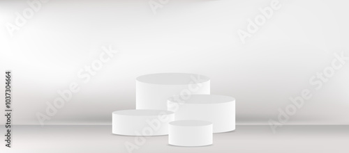 3D white cylindrical podium pedestal. Cylinder geometric pedestals for product presentation. Minimal concept. Vector