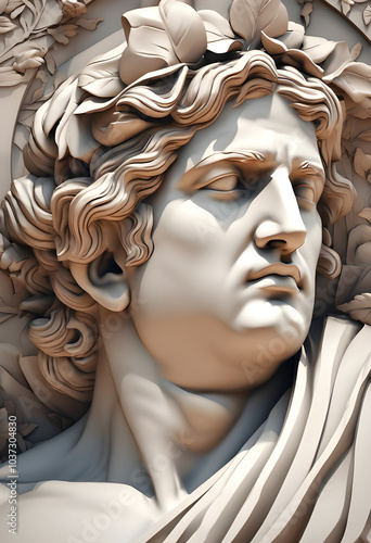 Seamless Background Images Greek god statue with small vines wrapped around it. The details of the face and the shadows on the statue are clear.