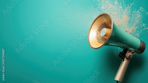 A retro-style teal megaphone emits dynamic sound waves, creating a sense of motion and energy, set against a matching teal background to emphasize boldness.