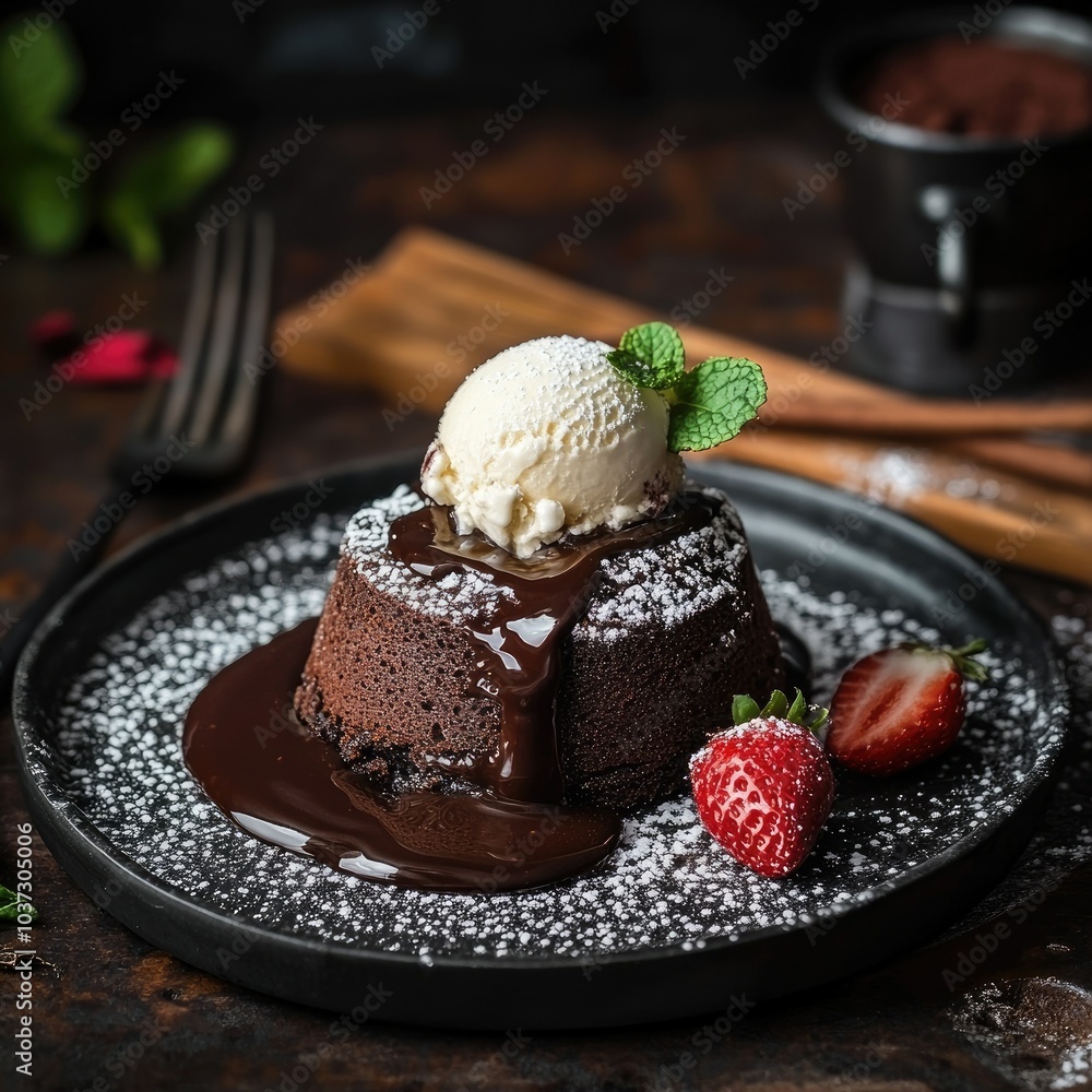 A rich chocolate lava cake with molten center, garnished with powdered sugar and a scoop of vanilla ice cream A rich chocolate lava cake with molten center, garnished with powdered sugar and a scoop of vanilla ice cream