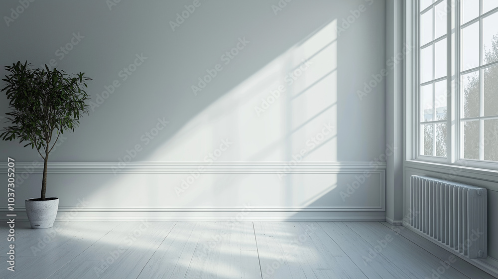 Radiator in Minimalist Room A classic white radiator in a minimalist, clean room, highlighting its design and function with ample space for text Radiator in Minimalist Room A classic white radiator in a minimalist, clean room, highlighting its design and function with ample space for text