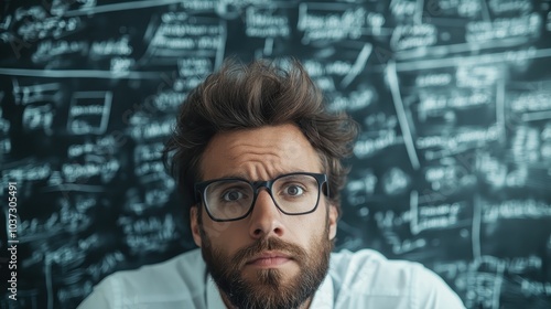 A man with tousled hair and glasses appears deep in thought as mathematically complex equations cover the board behind him, capturing the quintessence of genius. photo