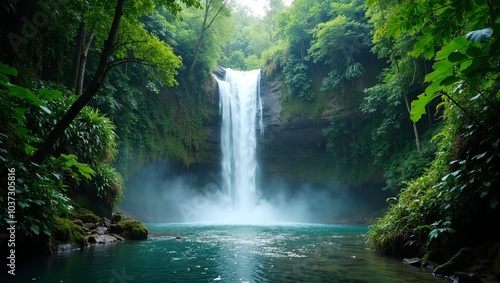 Tropical waterfall surrounded by lush greenery mist rising from pool