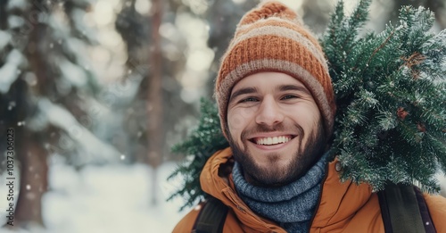 Happy Man Carrying Christmas Tree in Winter Forest. AI generated illustration.