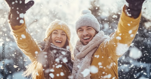 Happy Young Couple Playing with Snow in Winter Park. AI generated illustration.