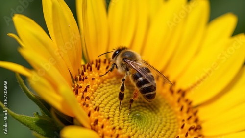 Vibrant bee pollinating yellow sunflower in sunlight