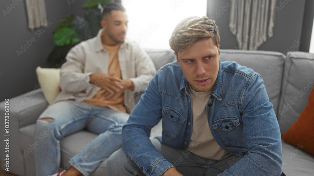 Men sitting in a living room, wearing casual clothes, with one looking away while the other talks, conveying a serious conversation taking place indoors in an apartment. Men sitting in a living room, wearing casual clothes, with one looking away while the other talks, conveying a serious conversation taking place indoors in an apartment.