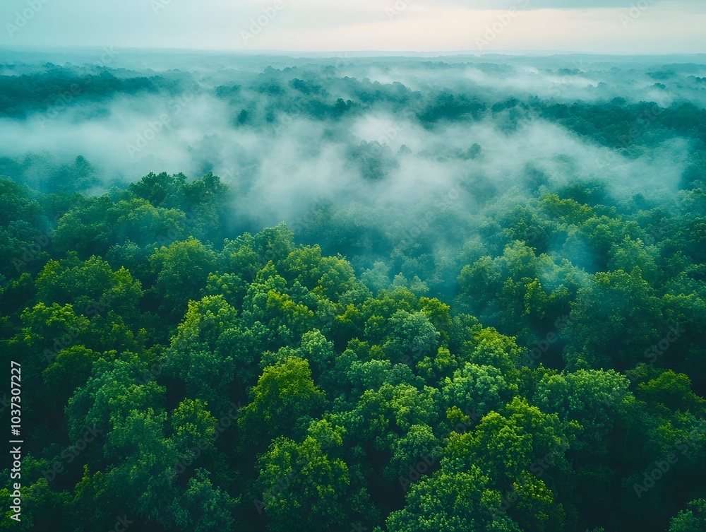 A misty forest, lush and green. A misty forest, lush and green.