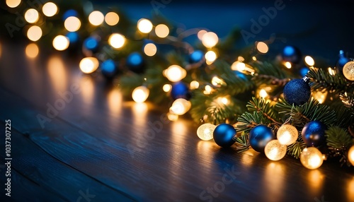 christmas garland bokeh lights over dark blue background