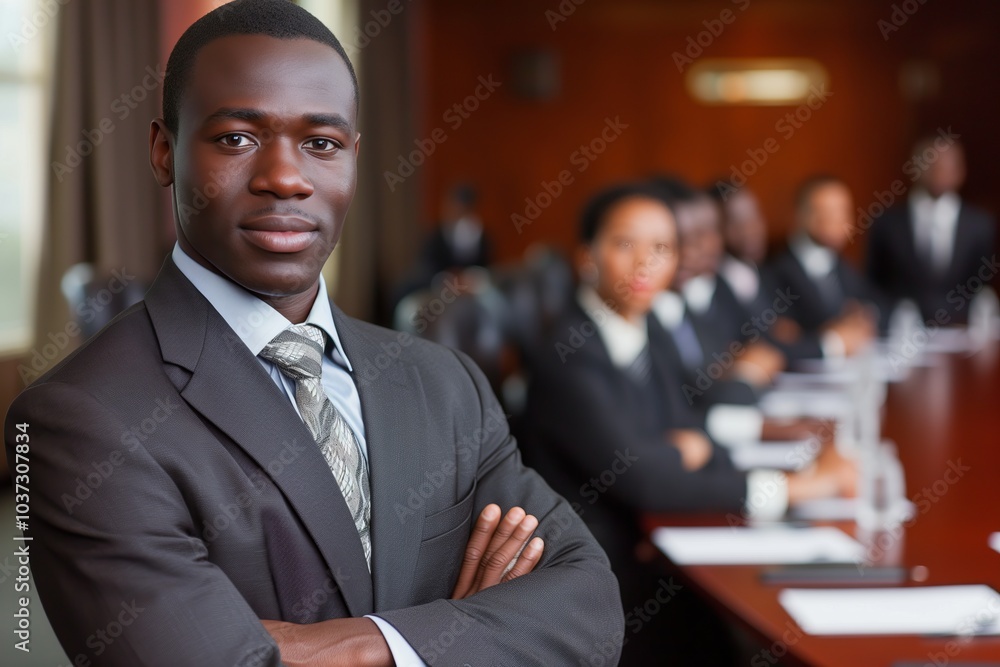 Fototapeta premium African American businessman in a dark suit standing confidently with arms crossed during a corporate boardroom meeting. Colleagues in the background, showcasing leadership, focus, and professionalism