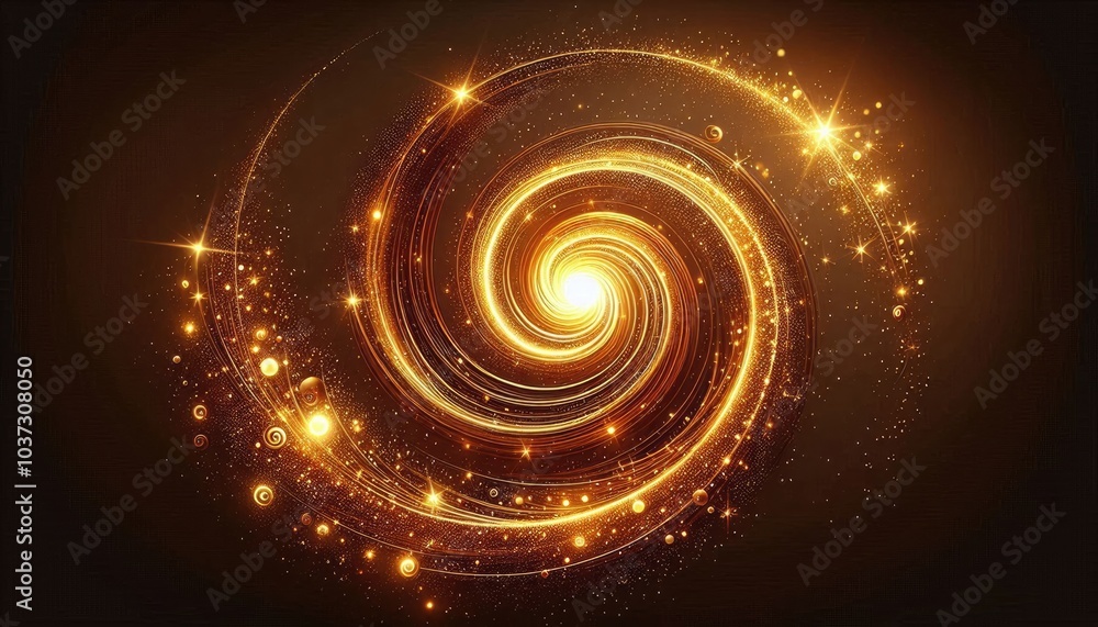 Golden Spiral of Light: A High-Resolution, Ultra-Realistic 8K Artwork Featuring a Radiant Swirl of Sparkles, Glowing Orbs, and Magical Starbursts in Warm Golden Tones