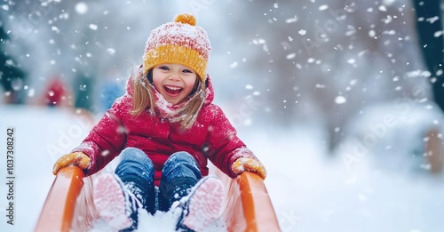 Little Girl Riding on Snow Slides in Winter. AI generated illustration.