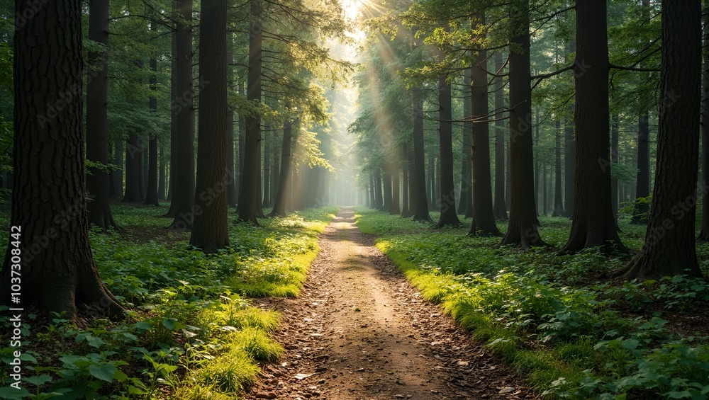 Obraz premium Tranquil forest trail with tall trees and sunlight filtering through