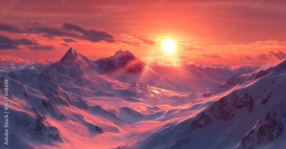 Majestic Sunrise in the Winter Mountains Landscape. AI generated illustration. Majestic Sunrise in the Winter Mountains Landscape. AI generated illustration.