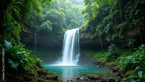 Tropical waterfall surrounded by lush greenery mist rising from pool