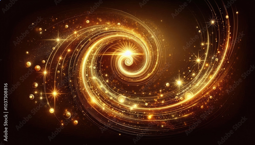 Fototapeta premium Golden Spiral of Light: A High-Resolution, Ultra-Realistic 8K Artwork Featuring a Radiant Swirl of Sparkles, Glowing Orbs, and Magical Starbursts in Warm Golden Tones