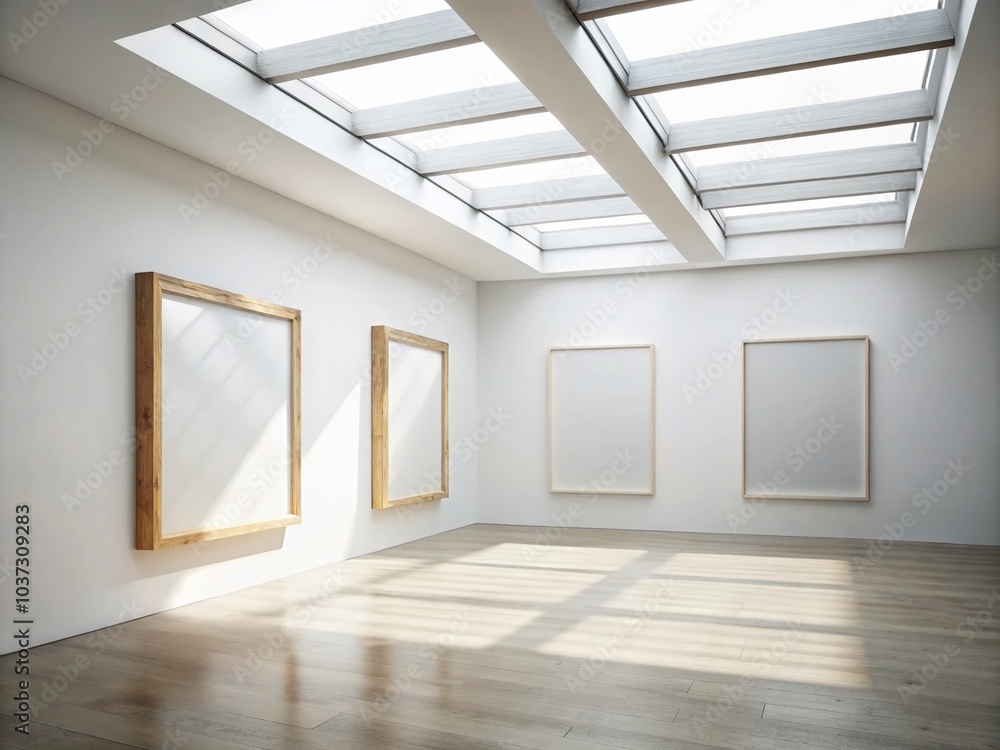 Minimalist Gallery Space with Skylights and Wooden Mockup Frames Minimalist Gallery Space with Skylights and Wooden Mockup Frames