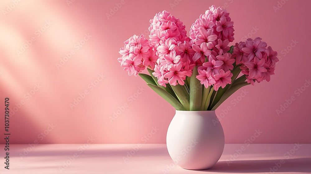 A vibrant bouquet of pink hyacinth flowers arranged in a minimalist white vase, set against a soft pink background. The image exudes serenity with gentle light casting natural shadows A vibrant bouquet of pink hyacinth flowers arranged in a minimalist white vase, set against a soft pink background. The image exudes serenity with gentle light casting natural shadows